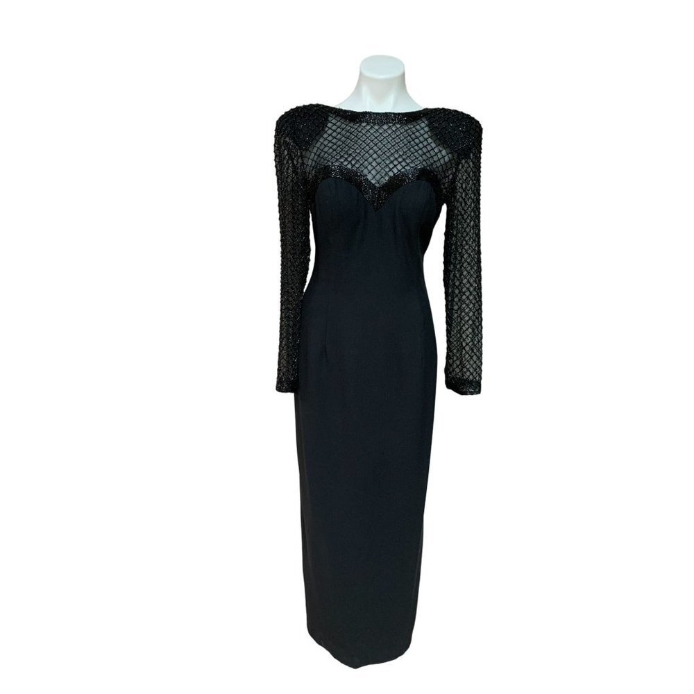Vintage 80s NWT Evening Gown Maxi Black Beaded Size 6 SMALL